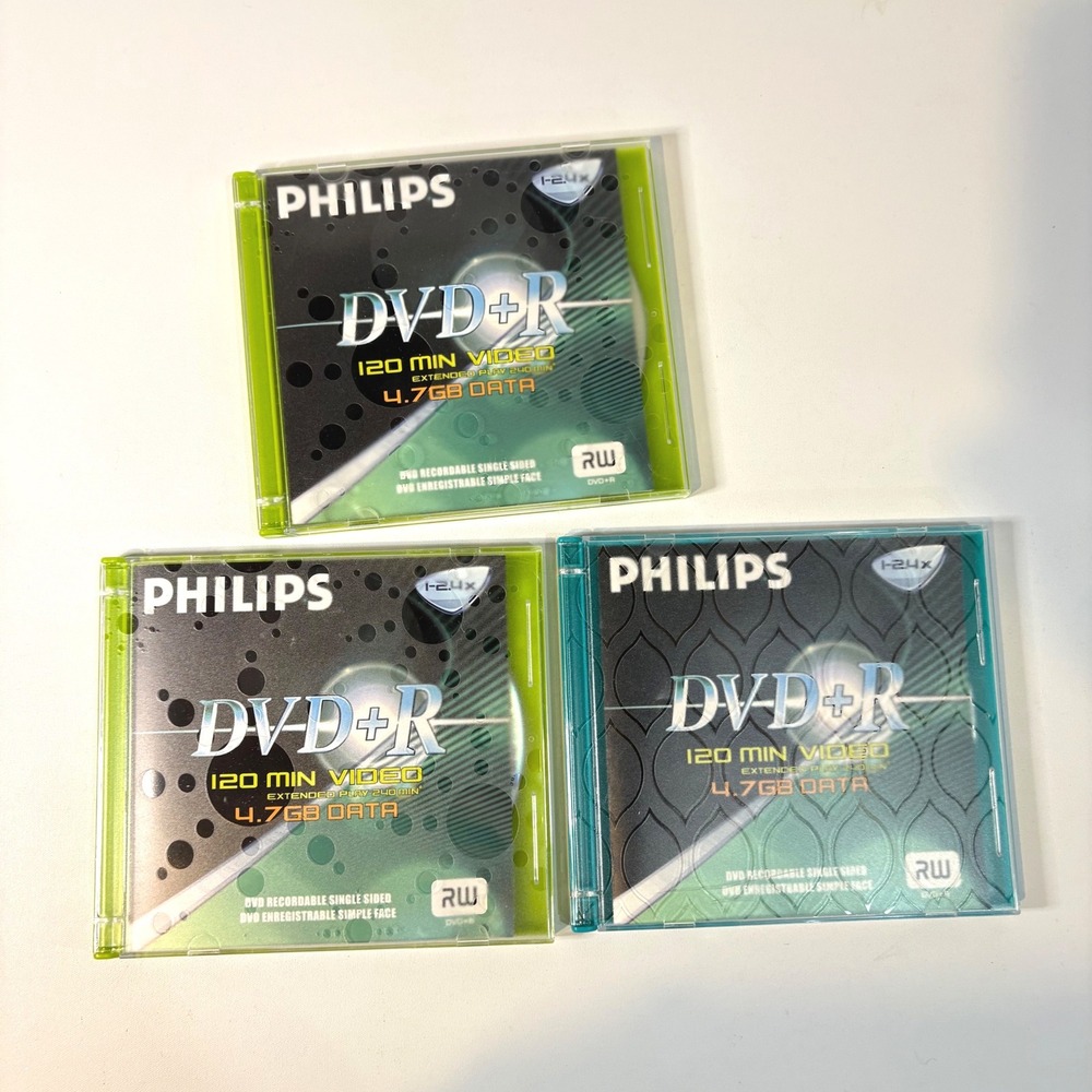 Philips DVD+R 4.7GB 120 Min Video Blank Recordable Discs Slim Cases Lot of 3